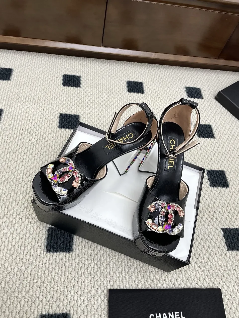 View 8 of Embellished Velvet Sandals with Crystal C-C Closure