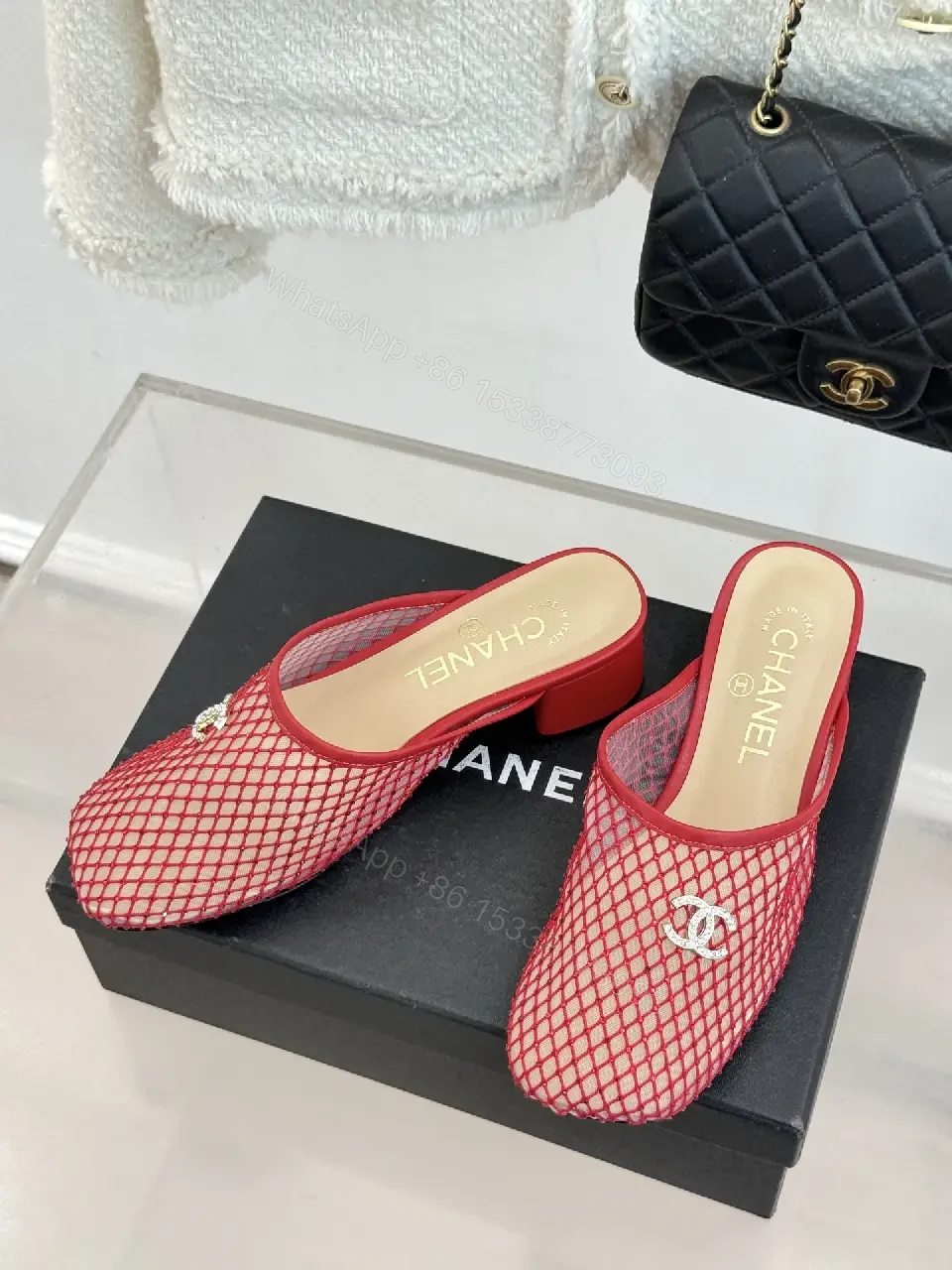 View 5 of Red Mesh Mules Silver CC Logo, Block Heel, Chanel Style Shoes