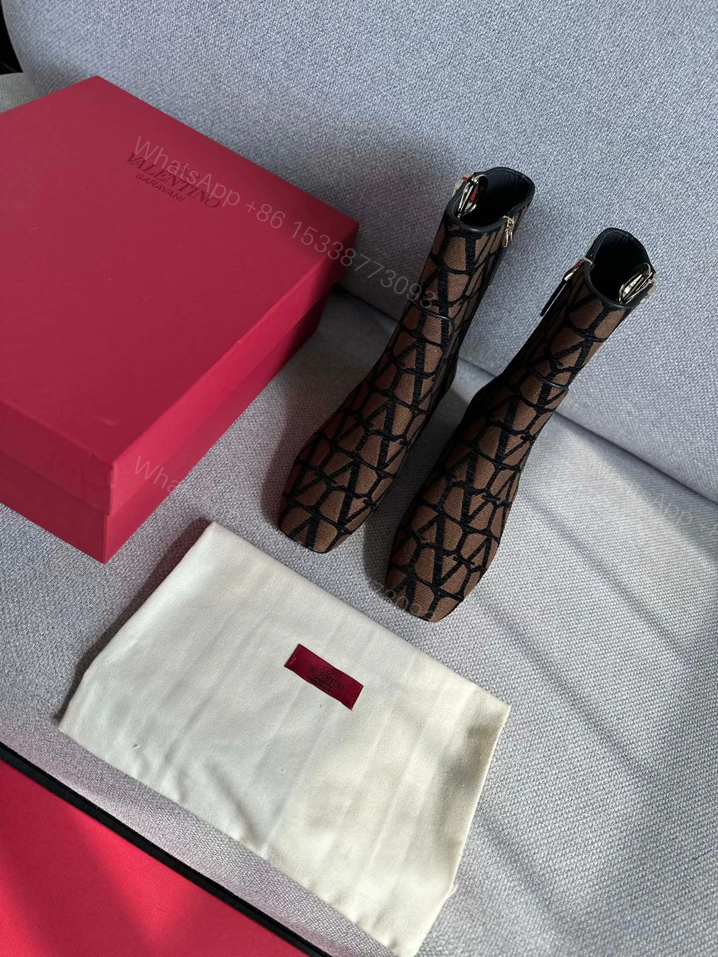 View 3 of Valentino Women Brown Fabric Logo Pattern Boots