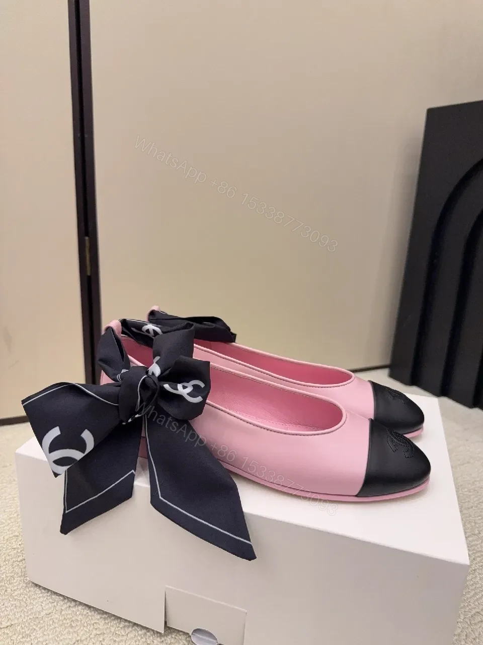 View 5 of Pink Quilted Leather Ballet Flats with Gold Hoop Accent - Cap Toe Detail