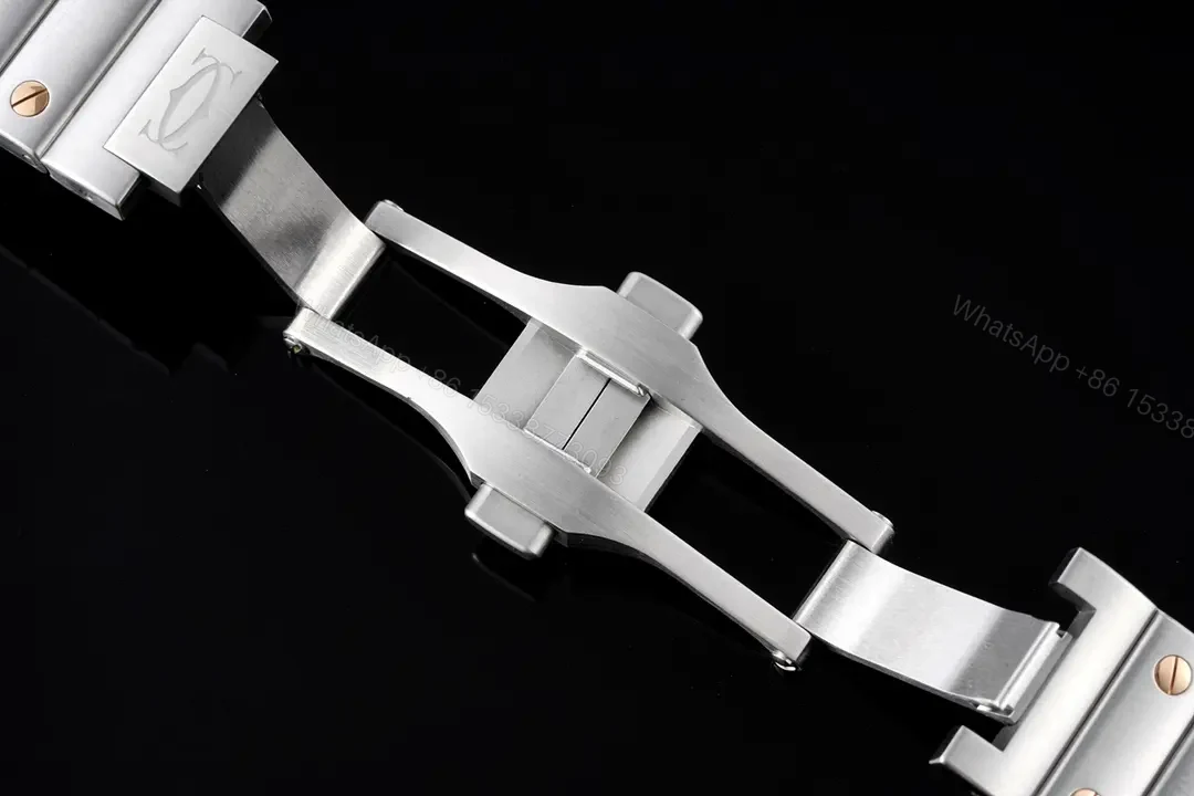 View 9 of JF Factory Santos de Cartier Women’s Watch – Stainless Steel and Rose Gold Case, White Roman Dial, Blue Steel Hands, Sapphire Crystal, Interchangeable Stainless Steel and Leather Straps, QuickSwitch System, 35.1mm, 100m Water Resistant