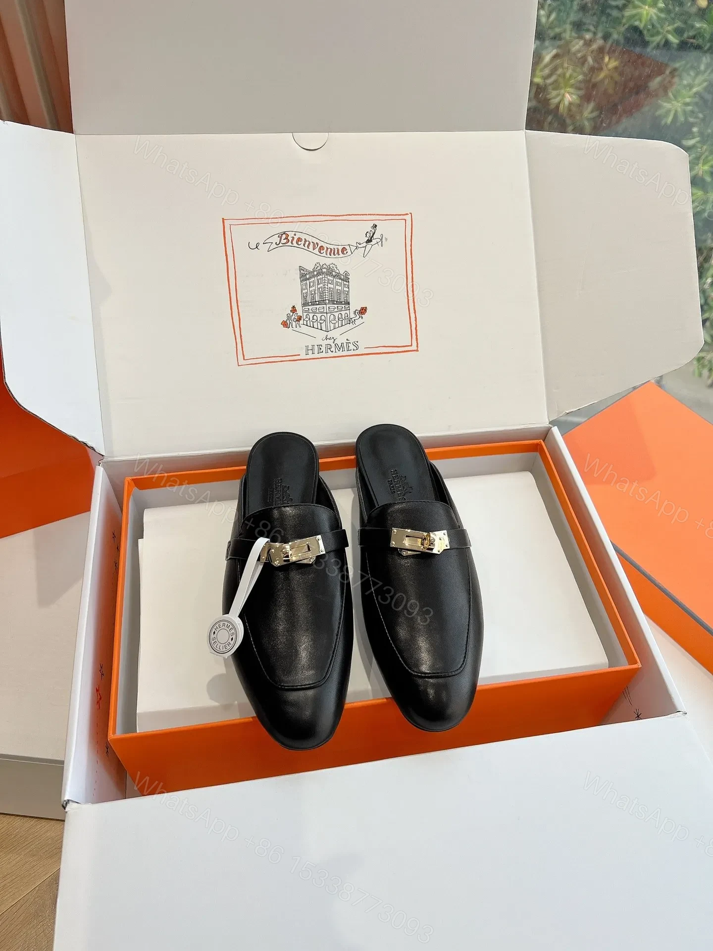 View 3 of Hermes Women Black Leather Mules
