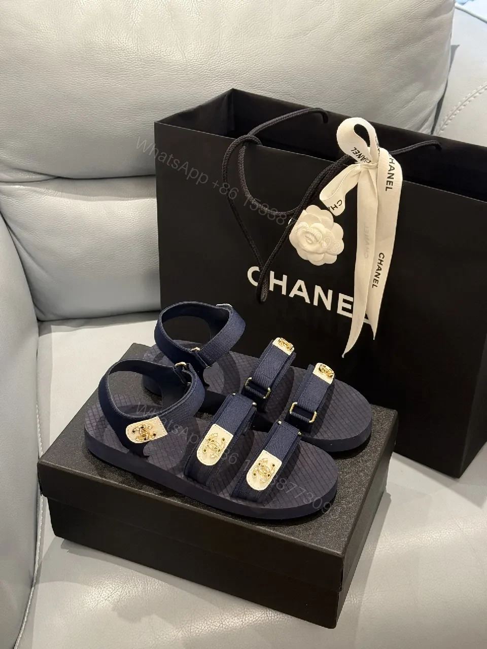 Navy Leather Sandals with Gold Accents, Luxe Casual Style — view 1