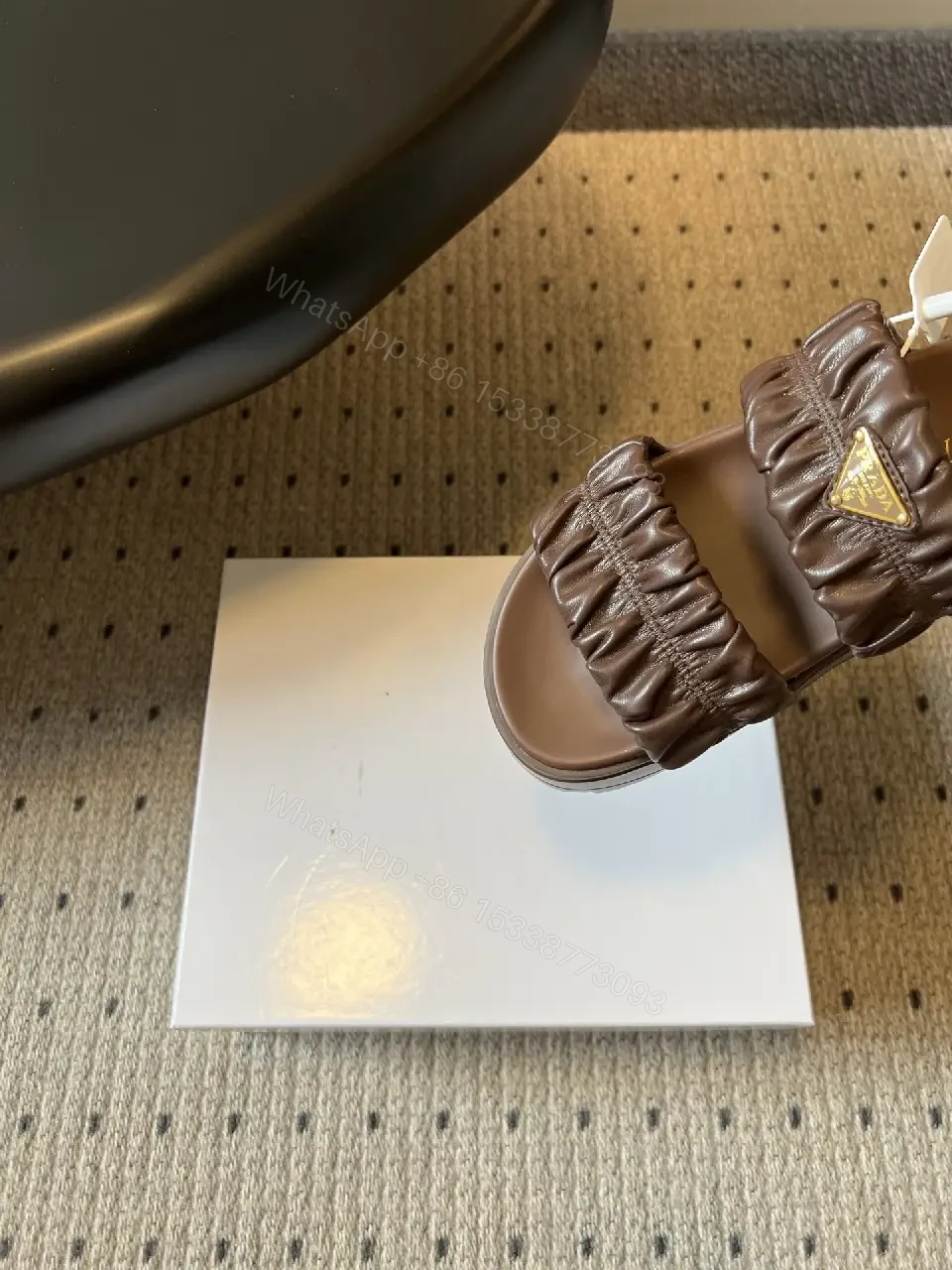 View 6 of Brown Leather Slid​ers Padded Ruched Casual Metro Logo Slides