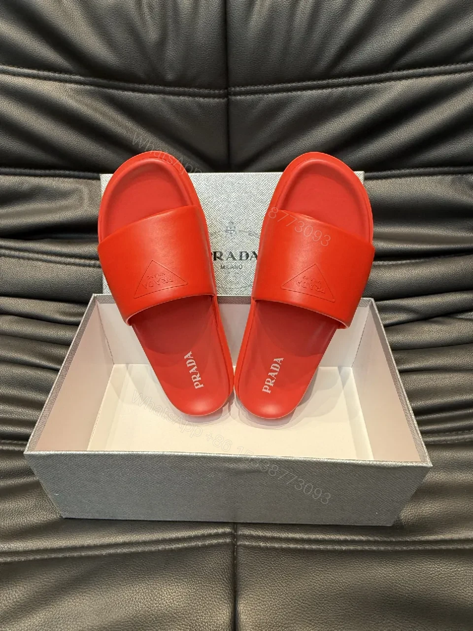 View 3 of Red Leather Minimalist Slides with Comfort-First Footbed