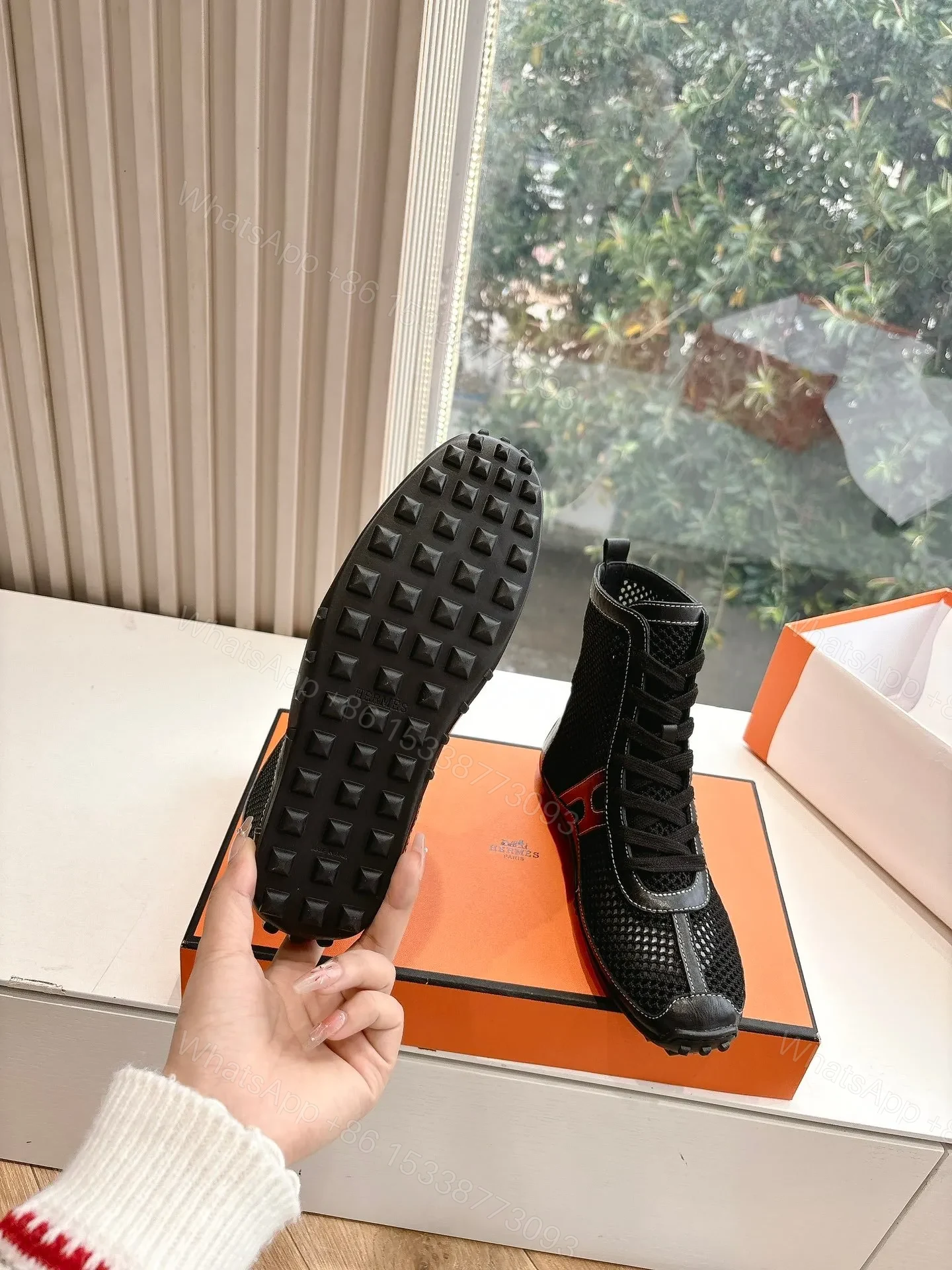 View 2 of Hermes Women Black Mesh And Leather Boots