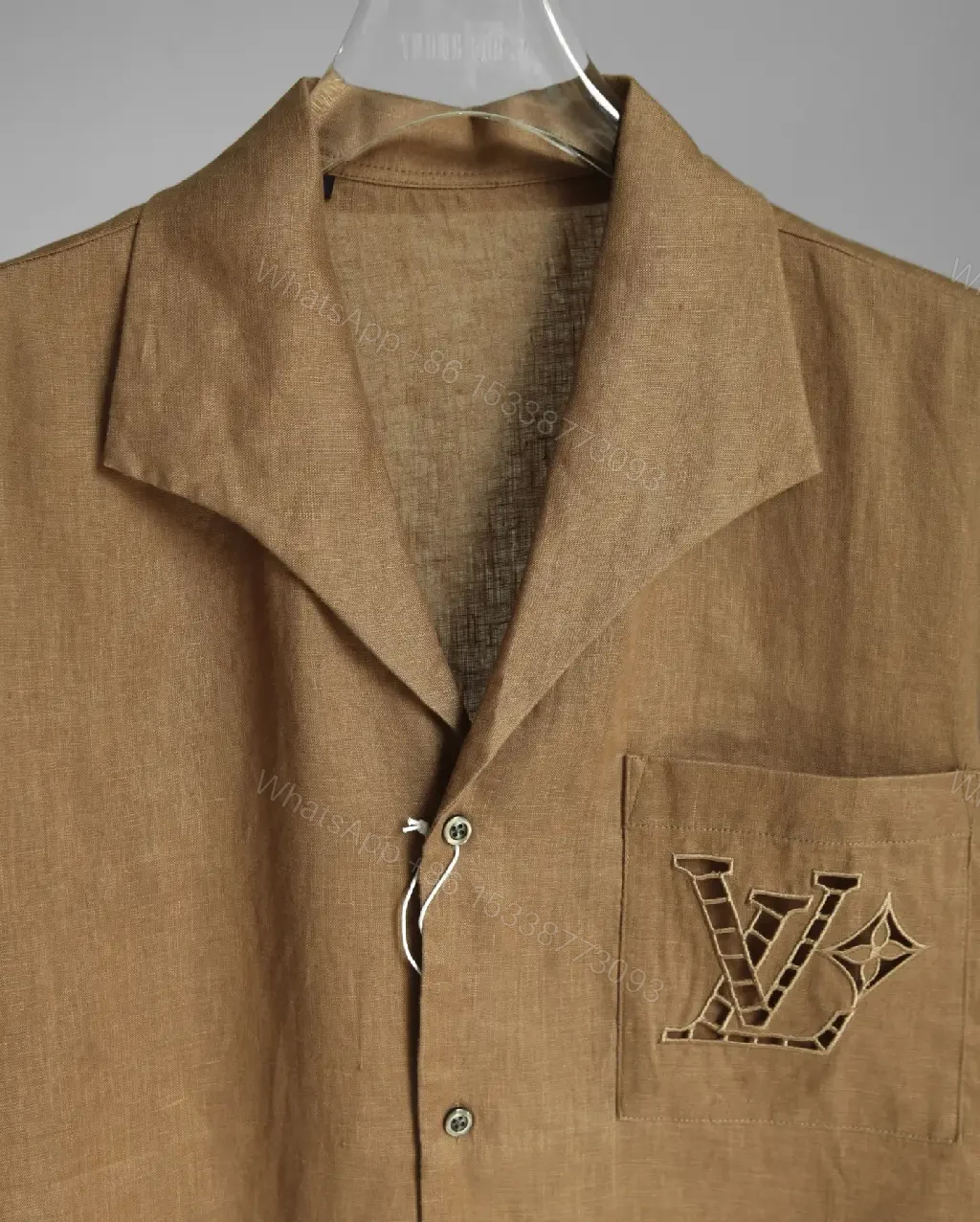 View 4 of Light Brown Heathered Camp Shirt with LV Embroidered Pocket