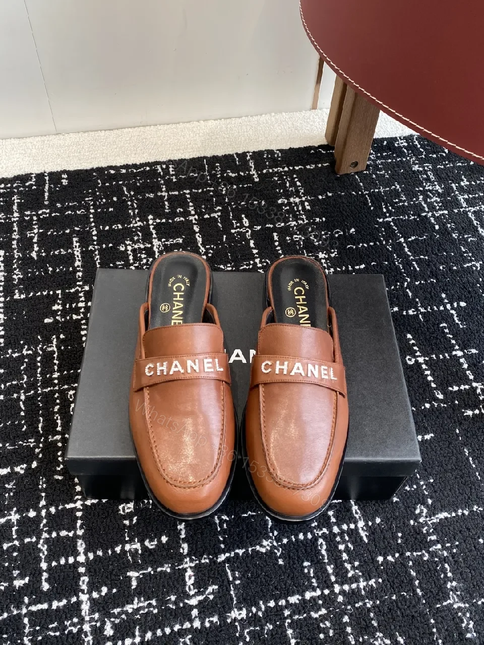 View 5 of Brown Leather Slide Sandals with Signature Stripe