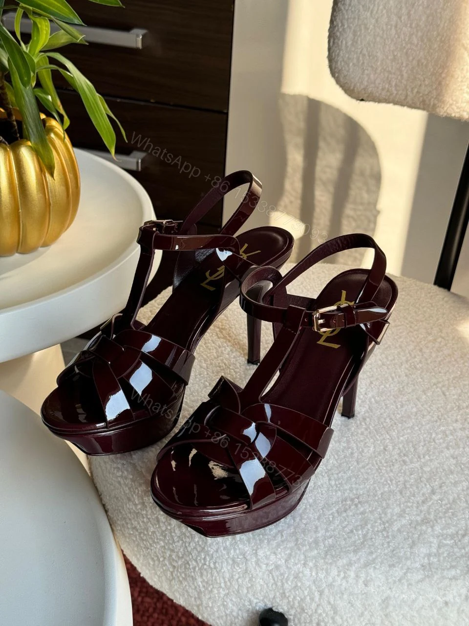 View 8 of Saint Laurent Burgundy Patent Leather Tribute Ankle Strap Sandals