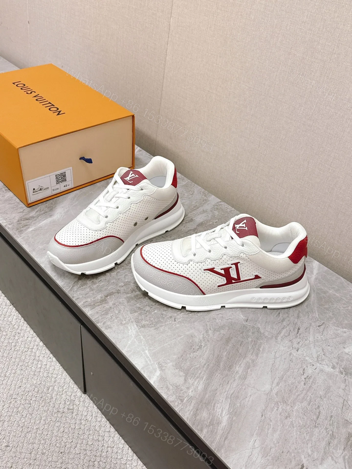 View 3 of LV Women White Leather Red Accent Sneakers