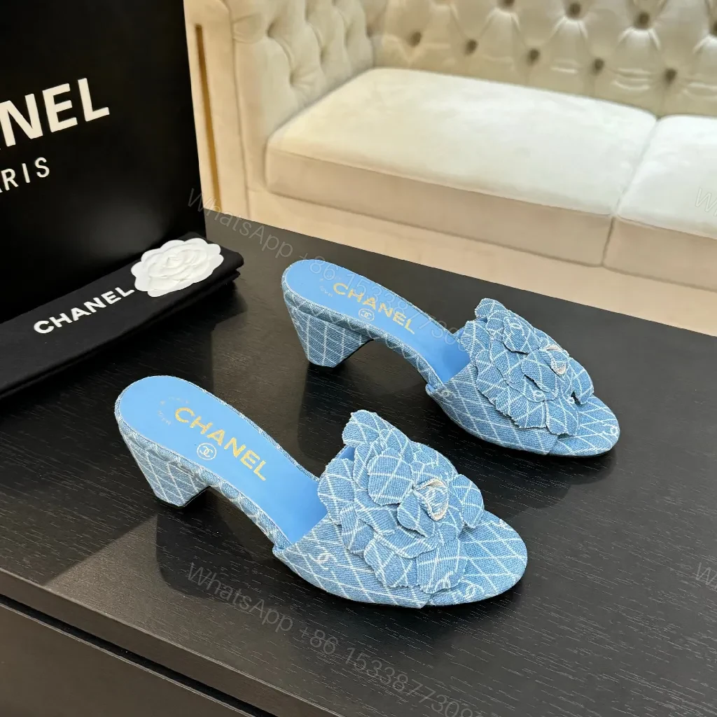 Denim-Textured Mules with Floral Detail, Everyday Luxury Comfort — view 1