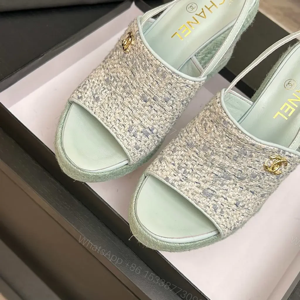 View 9 of Mint Boucle Espadrille Wedges – Platform Comfort, Logo Detail
