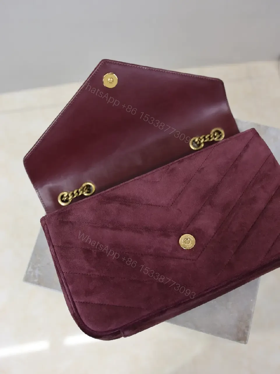 View 8 of Rich Velvet Quilted Shoulder Bag with Gold Hardware