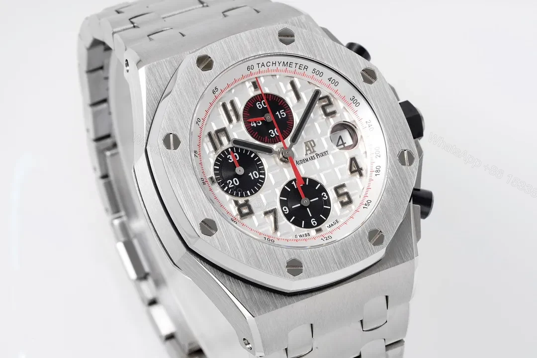 View 2 of JF Factory Audemars Piguet Royal Oak Offshore Stainless Steel Bracelet Watch with Exclusive 4404 Chronograph Movement – Silver Dial, Black Sub-dials