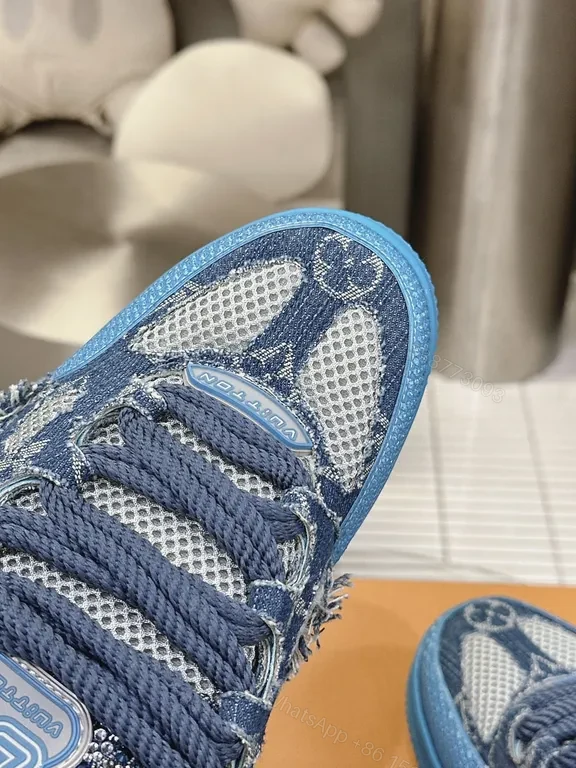 View 5 of Blue Denim-Textured LV-Style High-Tops: Luxe Streetwear Sneakers