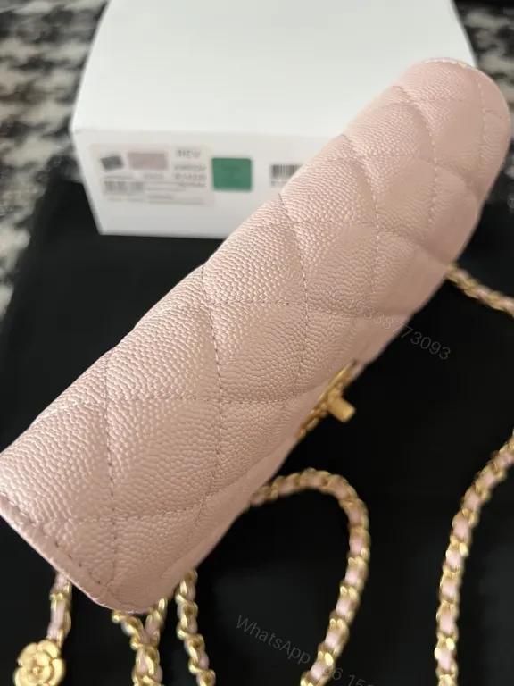 View 5 of Chic Quilted Blush Pebbled Leather Bag with Gold Logo - Shoulder Style