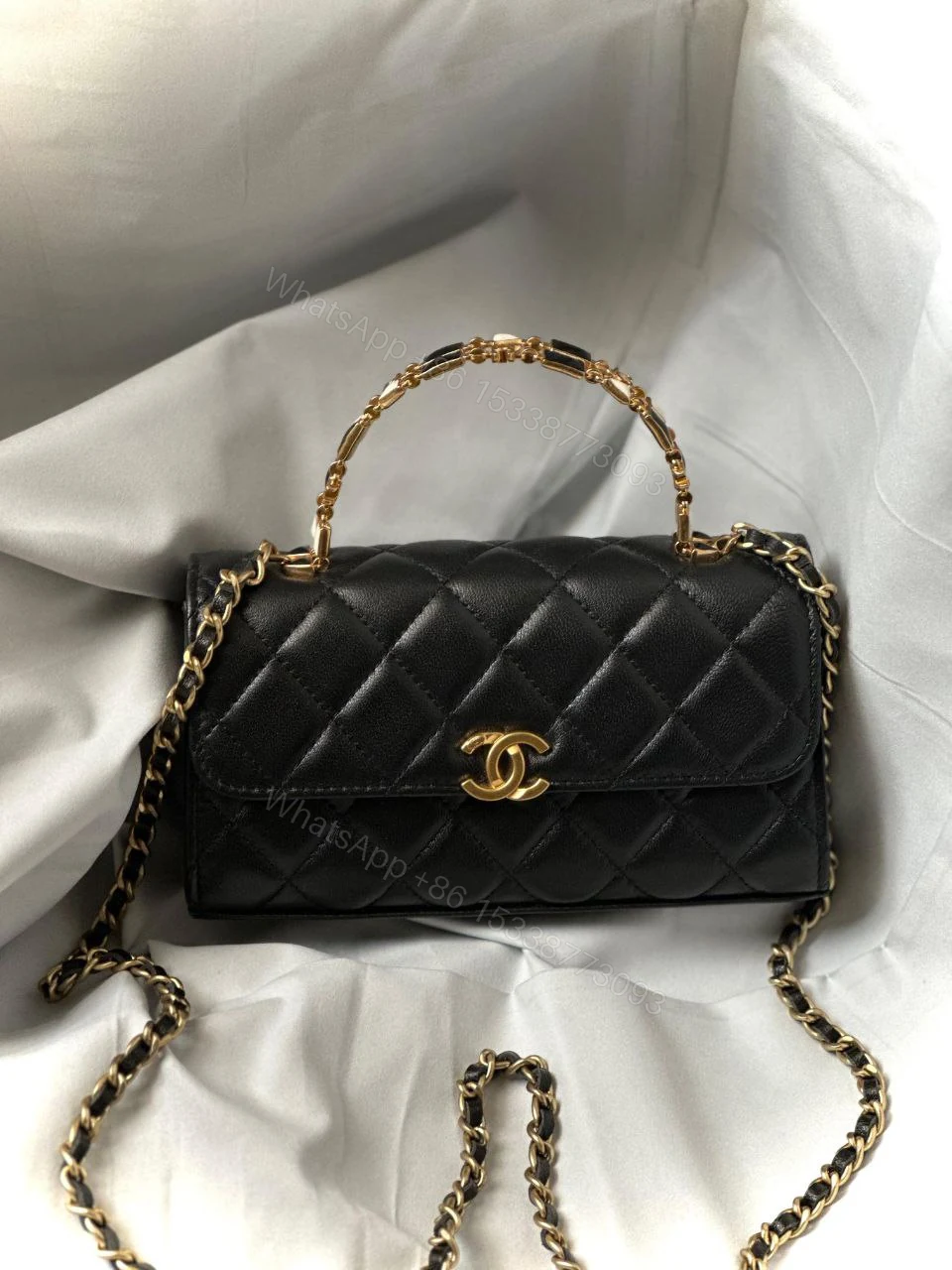 Chanel Lambskin Enamel Quilted Top Handle Flap Phone Holder With Chain — view 1