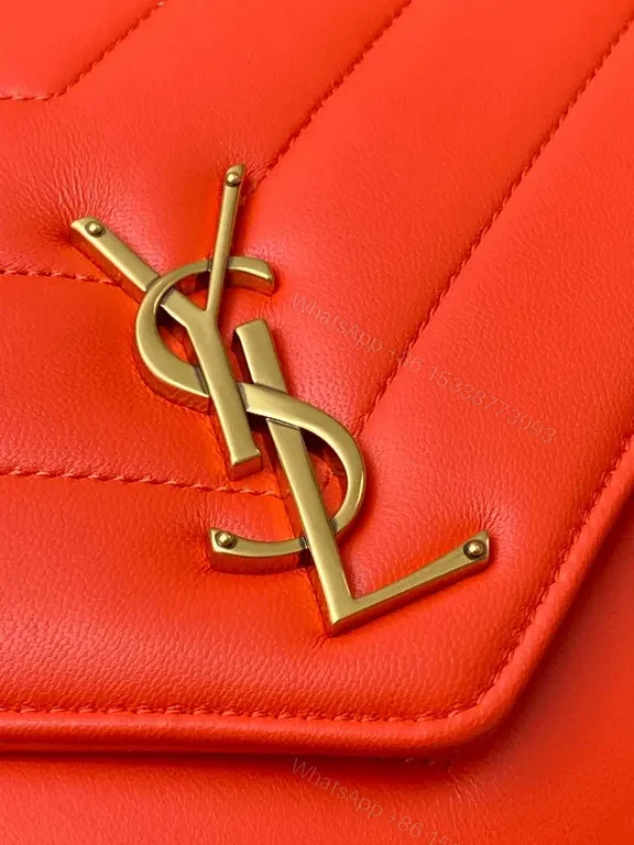 View 8 of Red Quilted Leather Crossbody with Gold YSL Logo