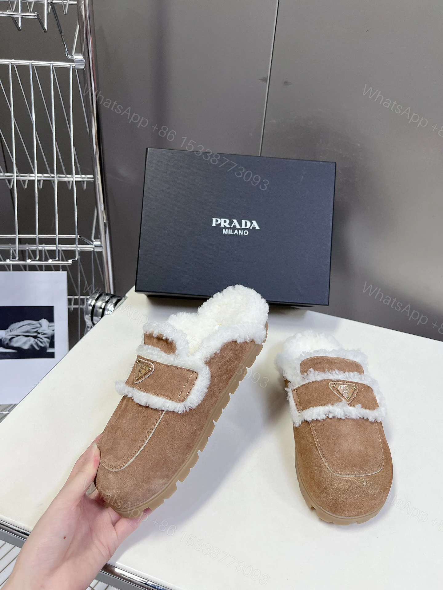 View 4 of PRADA SUEDE AND SHEARLING SLIPPERS ECRU 1S711M X0O F0379 F ZG20