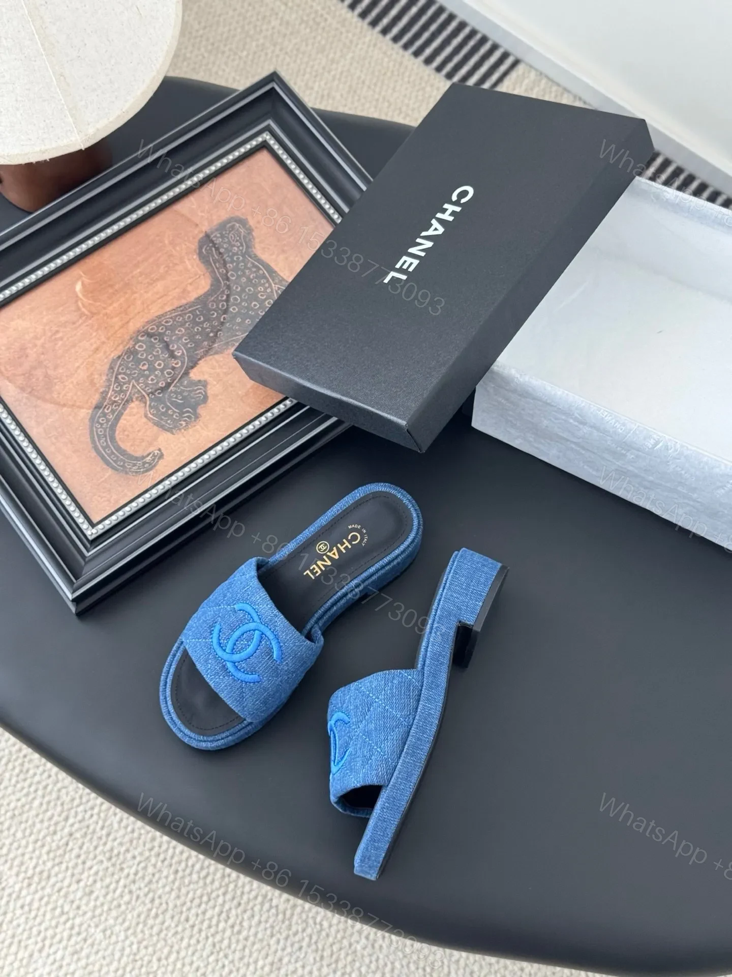 View 3 of Chanel Women Blue Denim Slides