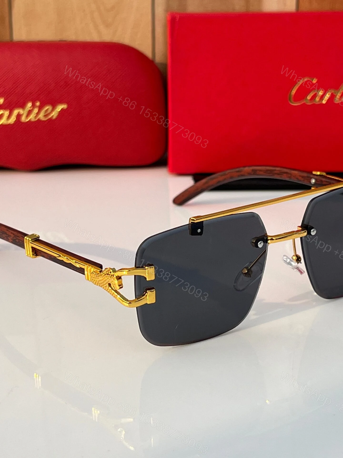 View 3 of Cartier Santos De Cartier Gold Black Sunglasses