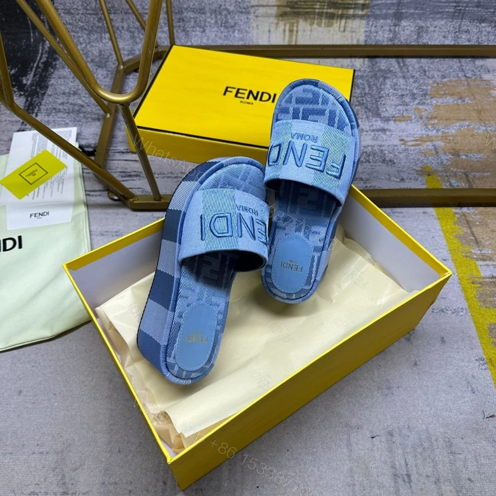 View 3 of FENDI SUNSHINE FLATFORM SLIDES LIGHT BLUE DENIM 8R8515ASB5F1STD