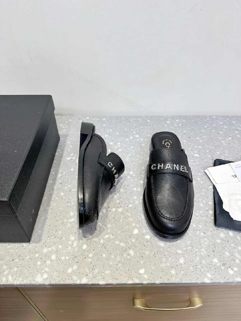 View 5 of Black Leather Slides - Chic, Designer-Inspired, Cushioned Comfort