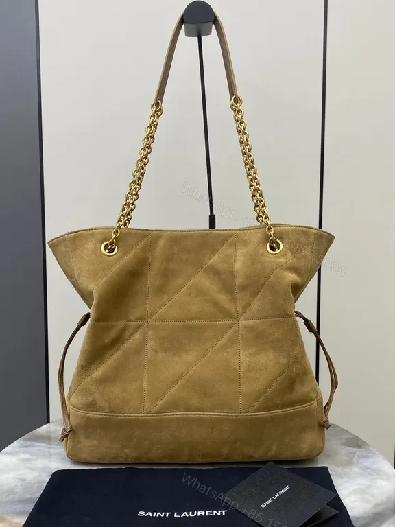 View 7 of Taupe Suede-Like Quilted Tote with Chain Detail - Luxe Precision