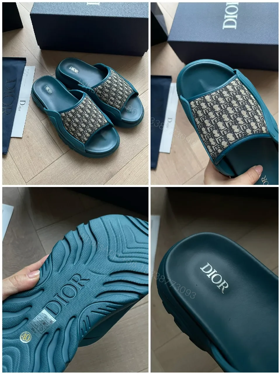 View 4 of Teal-Monogram Textile Slides: Luxe Comfort Footbed