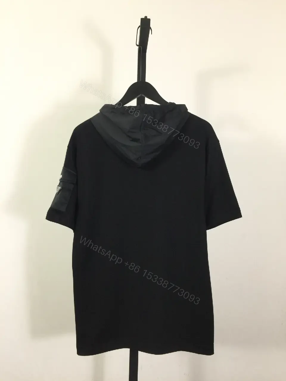View 5 of Black Jersey Hooded Tee with Minimal Prada Detail