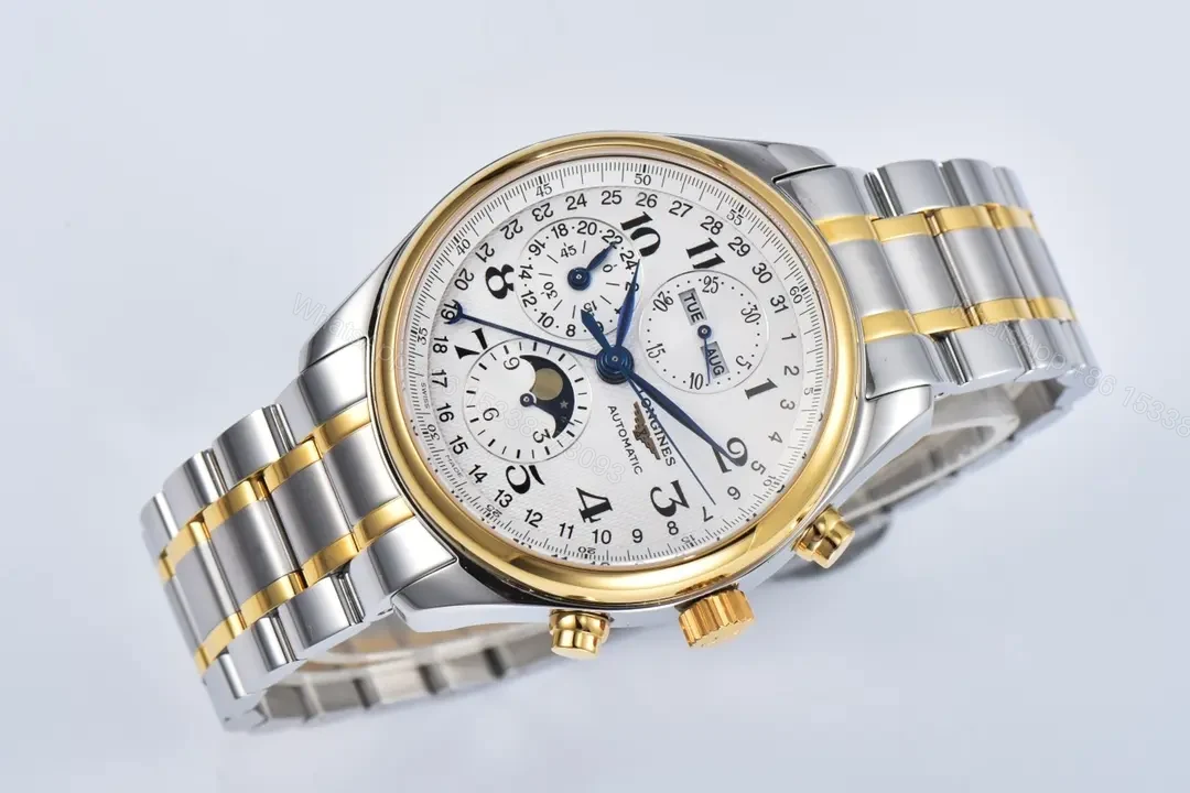 View 2 of Longines Master Collection Moonphase Chronograph Watch Silver Dial Two Tone Stainless Steel Bracelet Classic Elegant Style