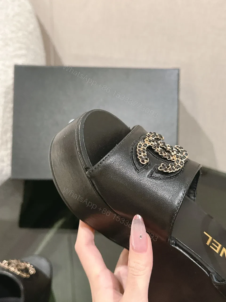 View 4 of Black Leather Block Heel Sandals with Logo Charm, Open Toe, Ankle Strap