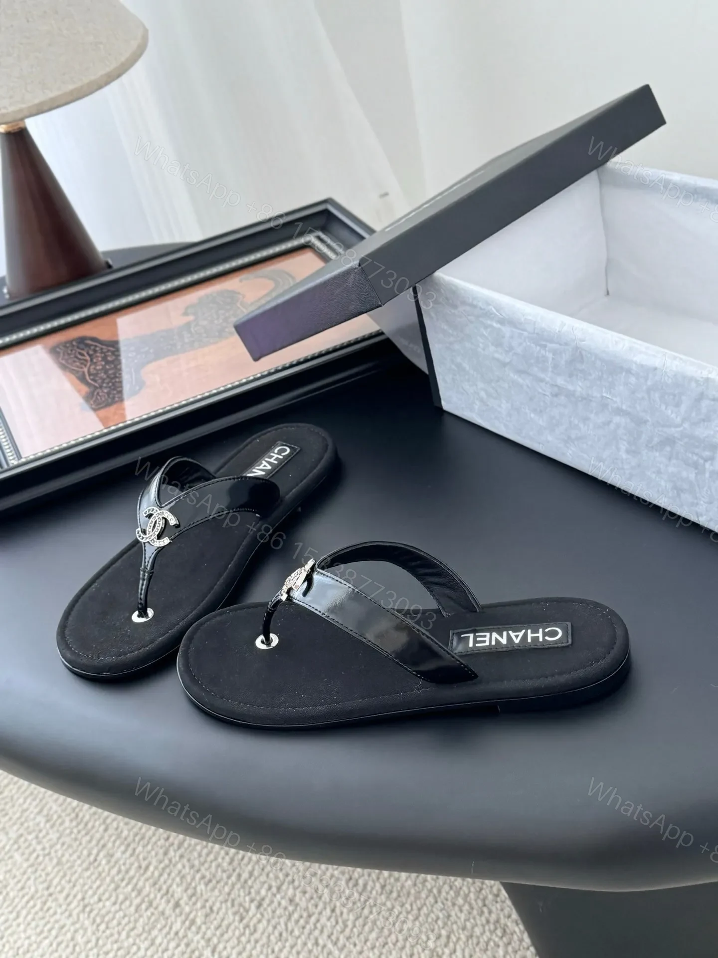 View 2 of Chanel Women Black Patent Leather Sandals