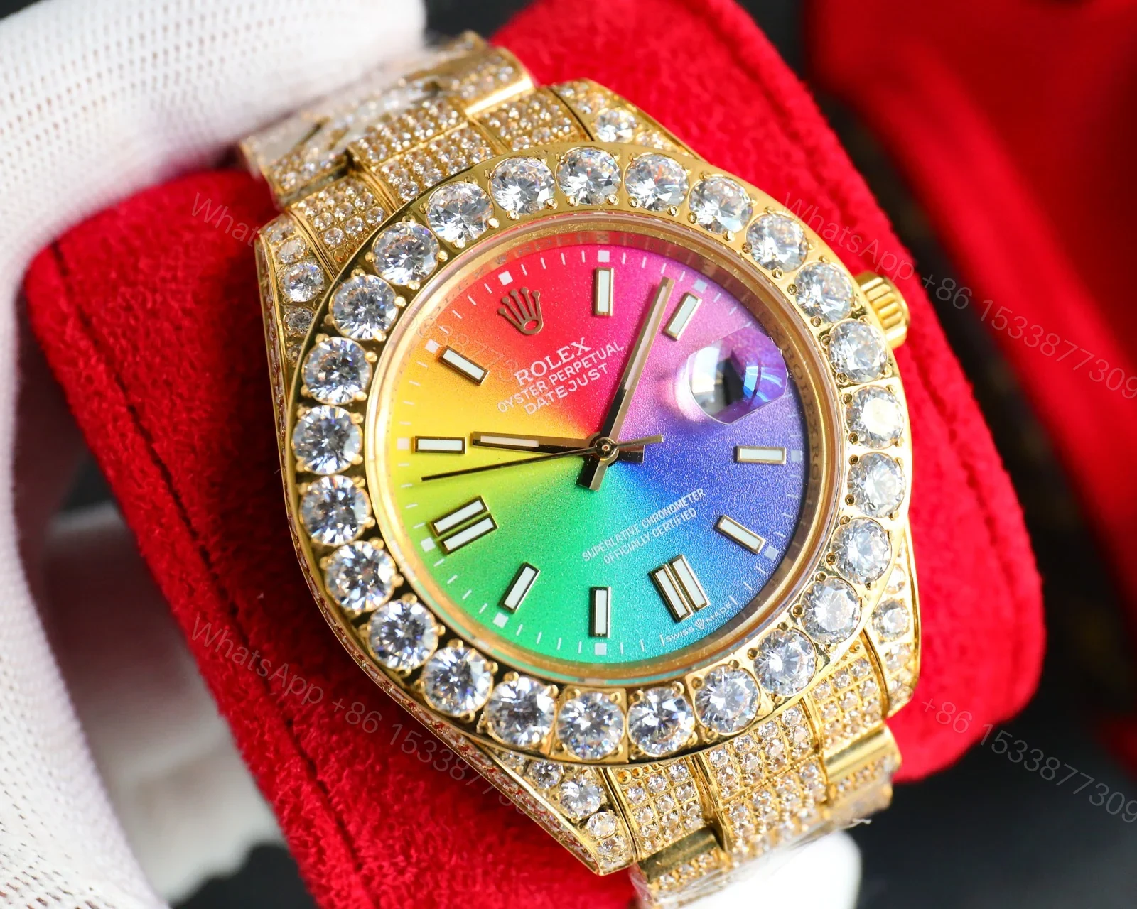 View 4 of Rolex Day-Date Rainbow Iced Replica 42MM Premium Full Gold Bracelet Rainbow Dial Edition ROLEX-DD-RAINBOW-ICED-FULL-GOLD-42