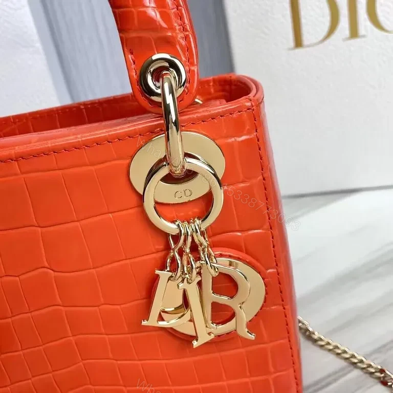 View 4 of Croc-Embossed Dior Bag: Chic Red, Gold Accents, Top Handle