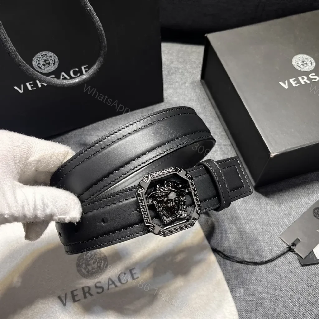View 4 of Bold Black Leather Belt with Medusa Buckle - Modern Geometric Design