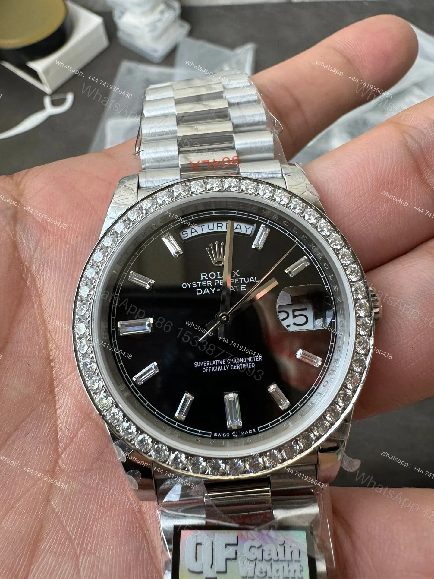 View 8 of Rolex Day-Date M228349RBR-0003 1:1 Replica Moissanite Bezel Black Dial 40MM 3255 Movement Presidential Bracelet Super Clone Watch