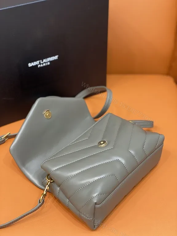 View 6 of Taupe Calfskin Crossbody: Chevron Quilted, Gold Logo, Lux Edit