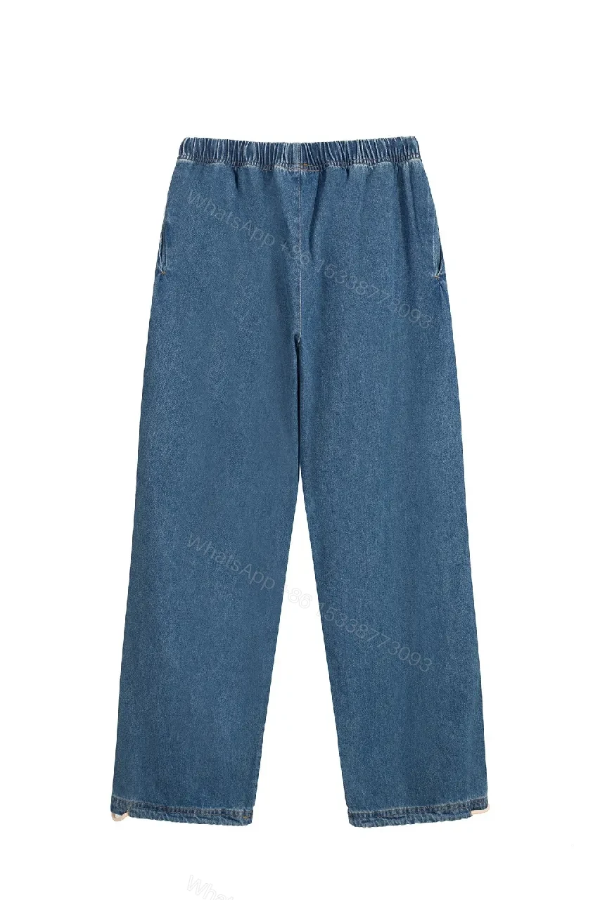 View 3 of Denim-Texture Wide-Leg Lounge Pants with Drawstring Detail