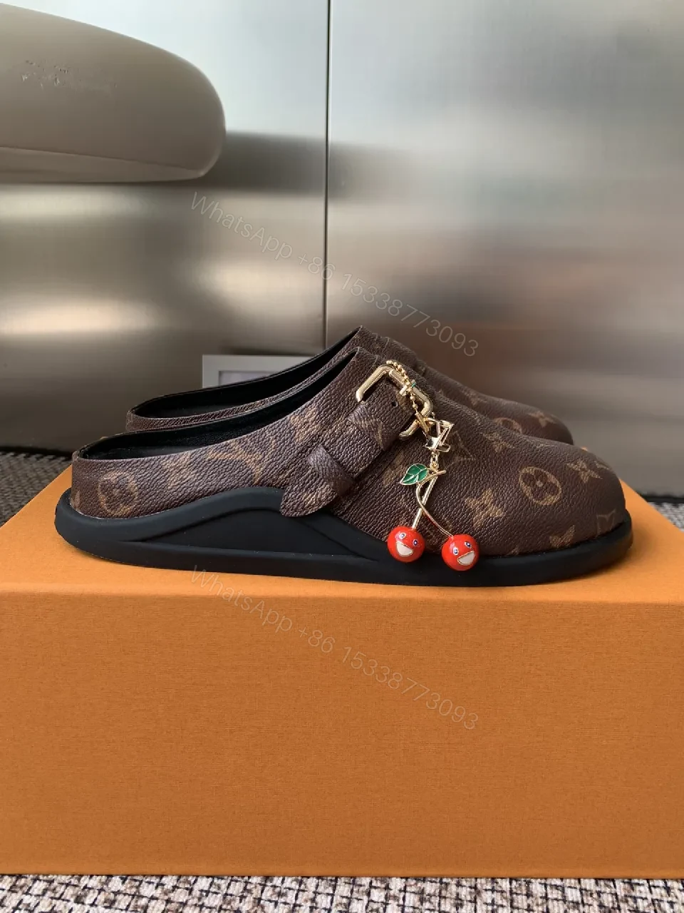 View 7 of Brown Monogram-Canvas Loafers with Gold Hardware, Slip-On Comfort