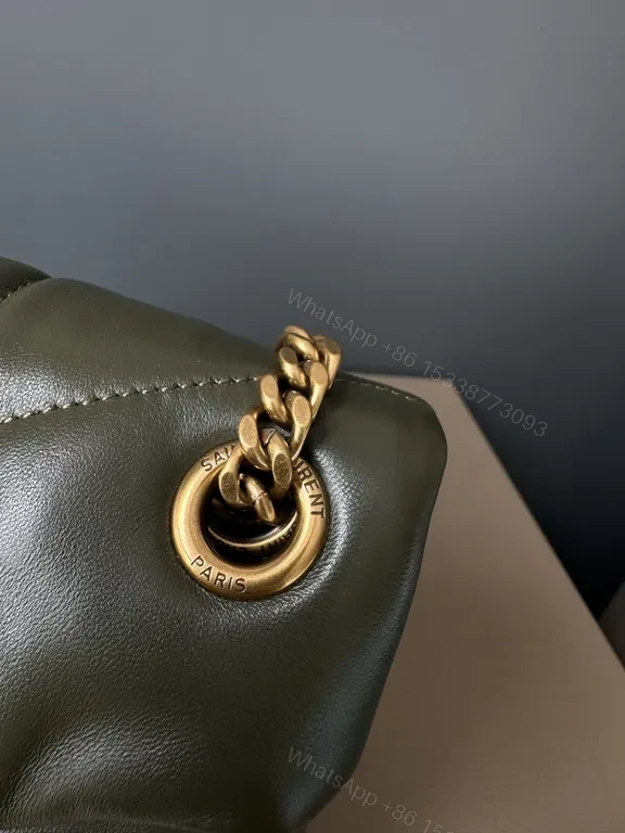 View 5 of Olive Quilted Leather Shoulder Bag with Gold YSL Logo
