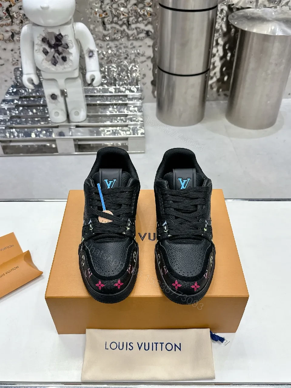View 8 of Multicolor LV-Embellished Black Leather High-Tops Sneakers