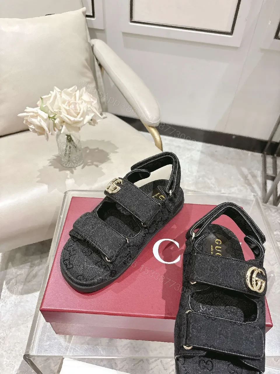 View 4 of Black Textile Sandals with Gold Hardware, Contempo Comfort