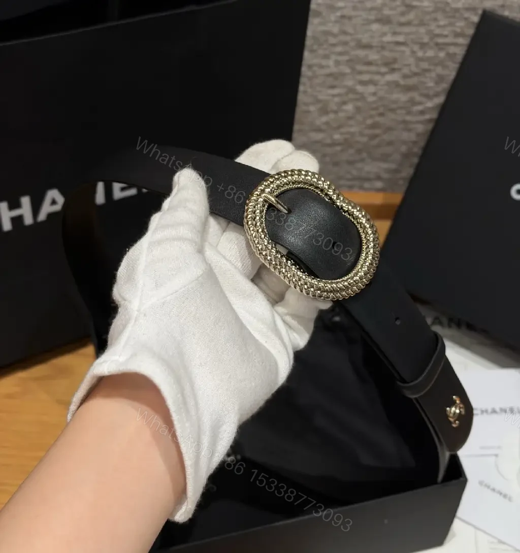 View 3 of Black Leather Belt Luxury Crystals Oval Buckle with Chanel Logo