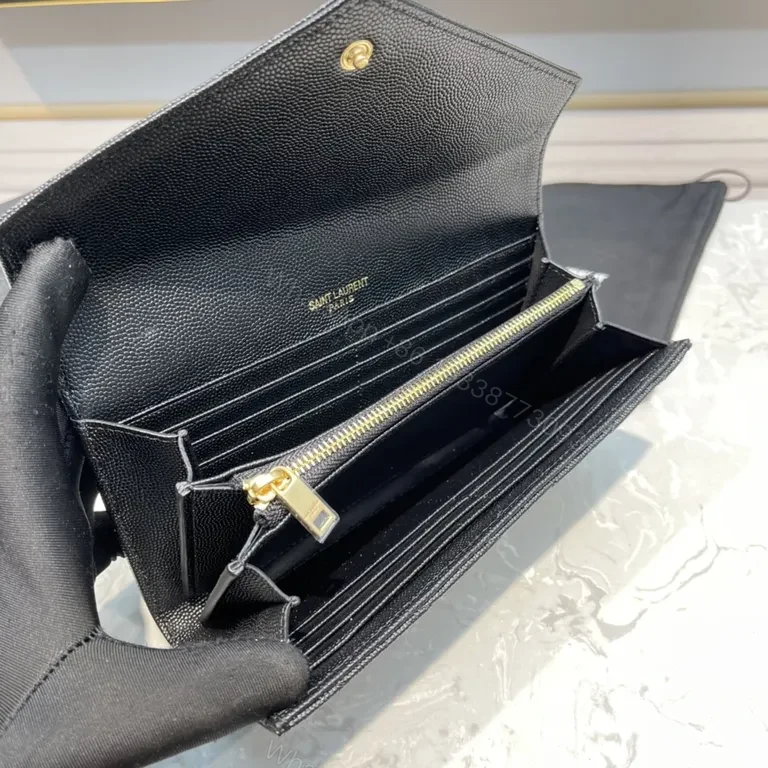 View 8 of Sleek Black Pebbled Leather Envelope Wallet - YSL Signature