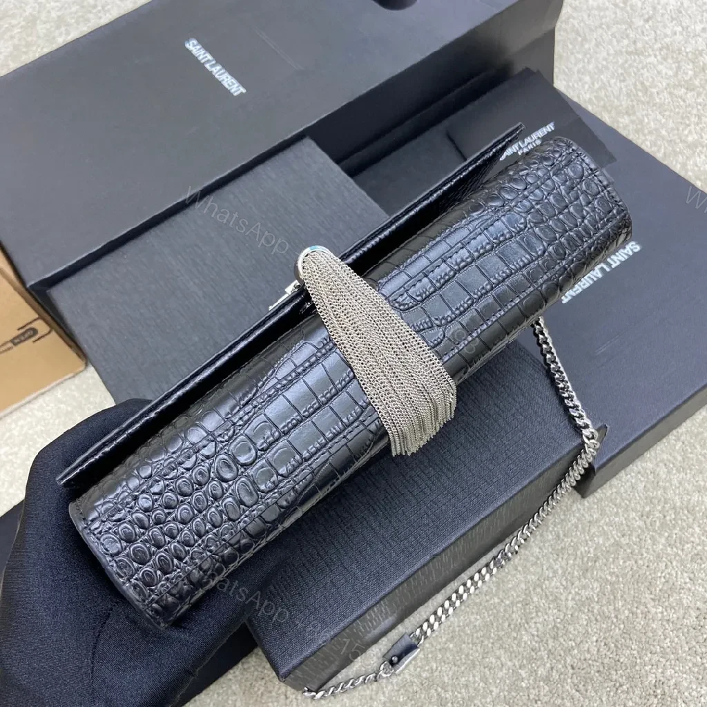 View 8 of Crocodile-Textured Leather Crossbody with Logo Clasp