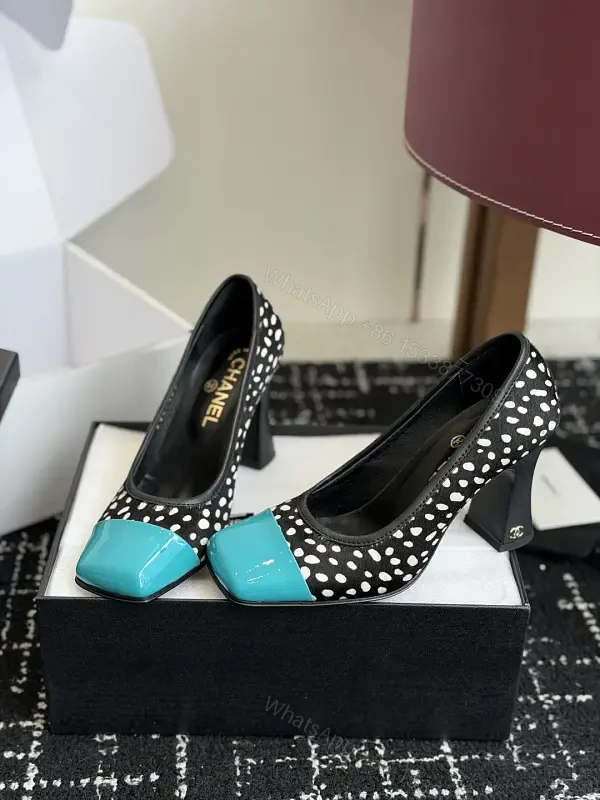 Black/White Polka Dot Heels with Turquoise Cap Toe, Block Heel Style, Chanel-inspired, Pump — view 1