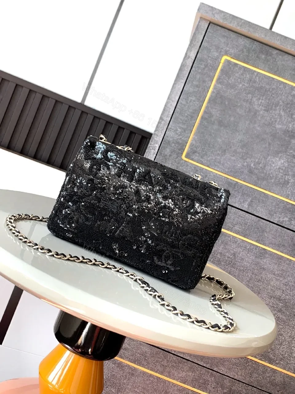 View 9 of Compact Black Sequin Handbag with Chain Strap