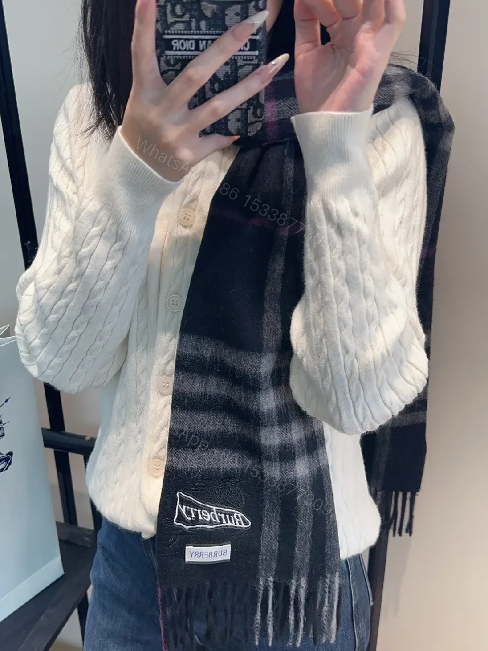 View 3 of Textured Check Scarf: Luxe Warmth, Fringe Detail, Unisex
