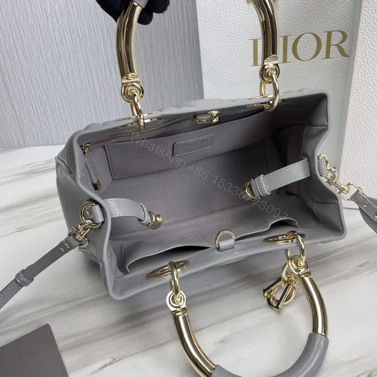 View 3 of Chic Grey Quilted Satchel: Gold-Dior Inspired Luxury Bag